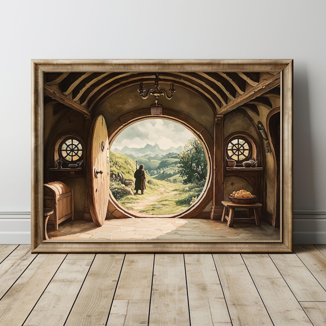 Hobbit Hole Round Door Fantasy Poster With Traveler Heading To Green Hills
