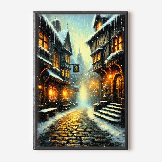 Snowy Wizard Alley Night Cobblestone Street Fantasy Oil Art Poster