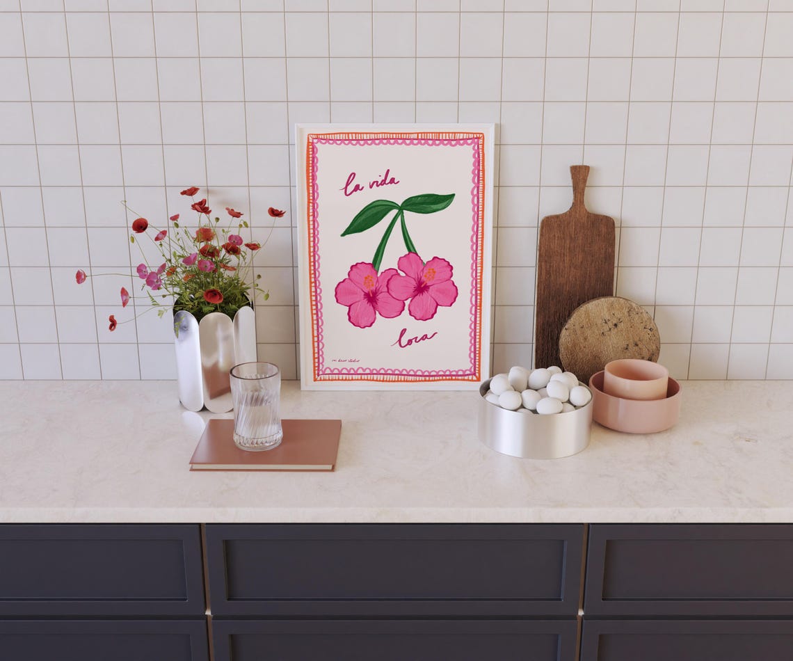 La Vida Loca Pink Floral Hand Drawn Botanical Kitchen Wall Poster
