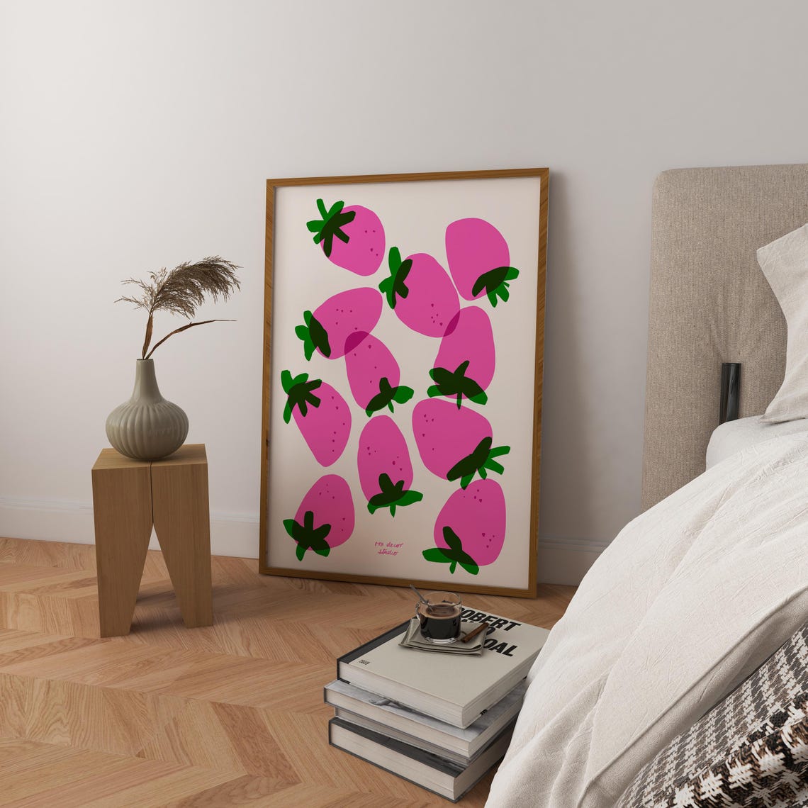Pink Strawberry Pattern Playful Retro Fruit Kitchen Wall Poster