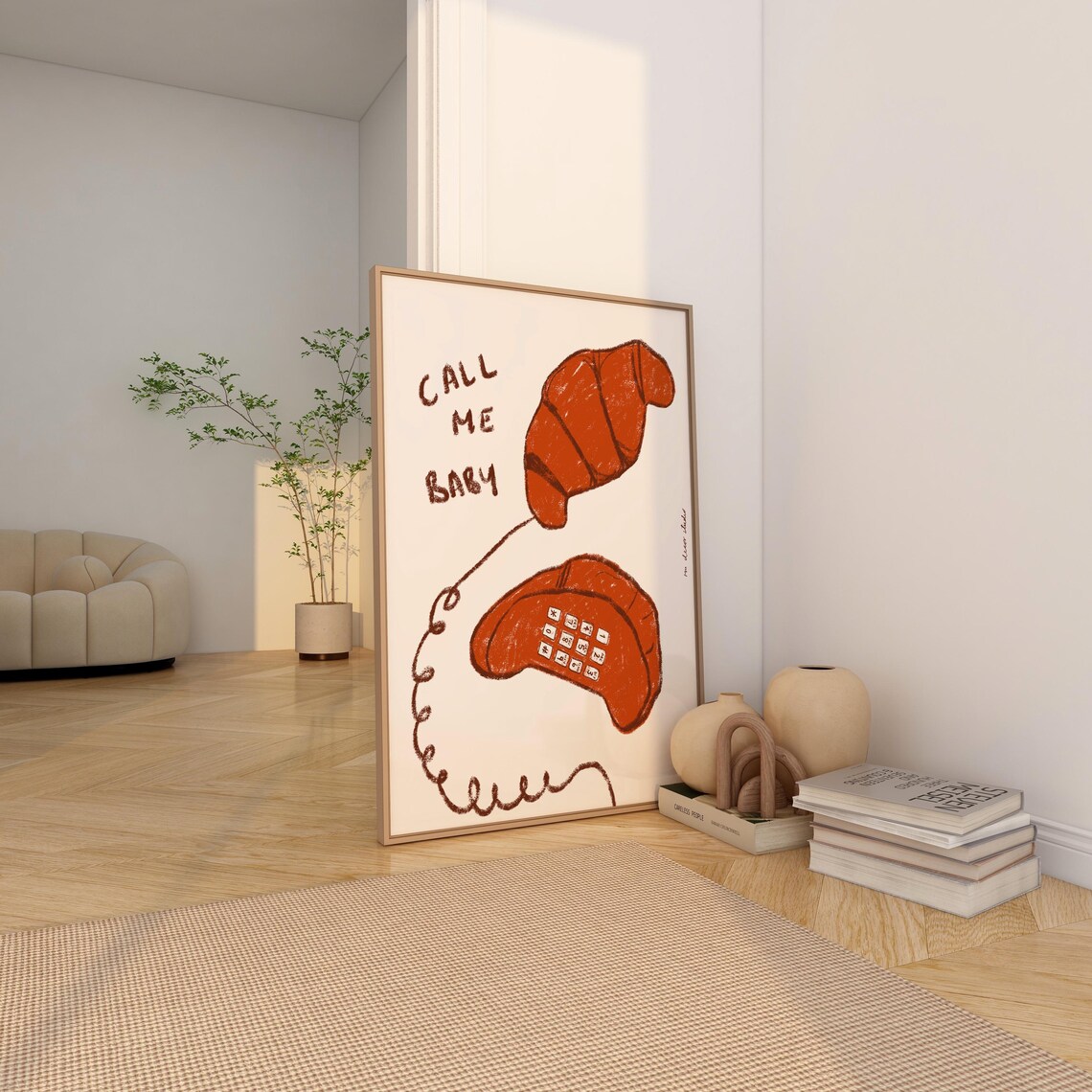 Call Me Baby Croissant Telephone Hand Drawn Food Illustration Poster