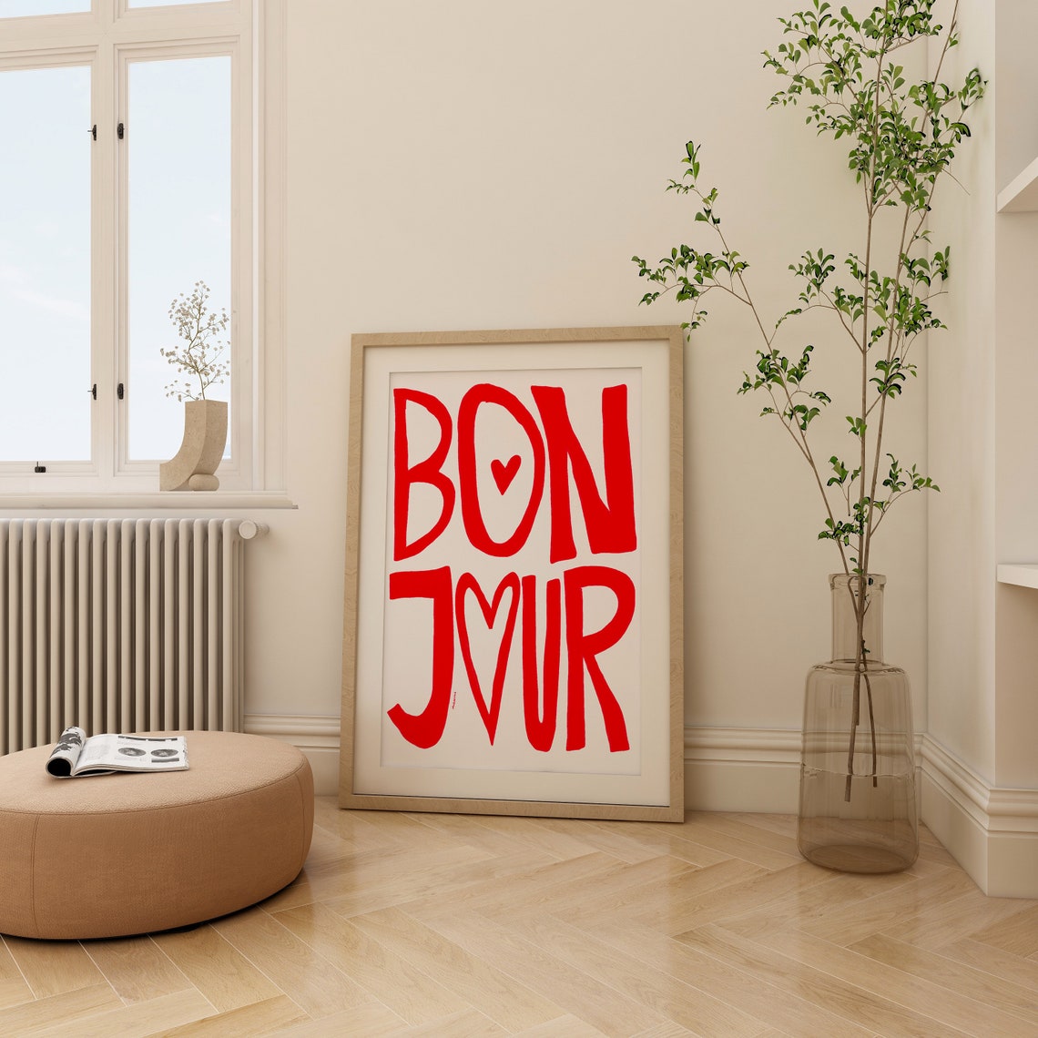 Bonjour Red Hand Lettered French Greeting Kitchen Typography Poster