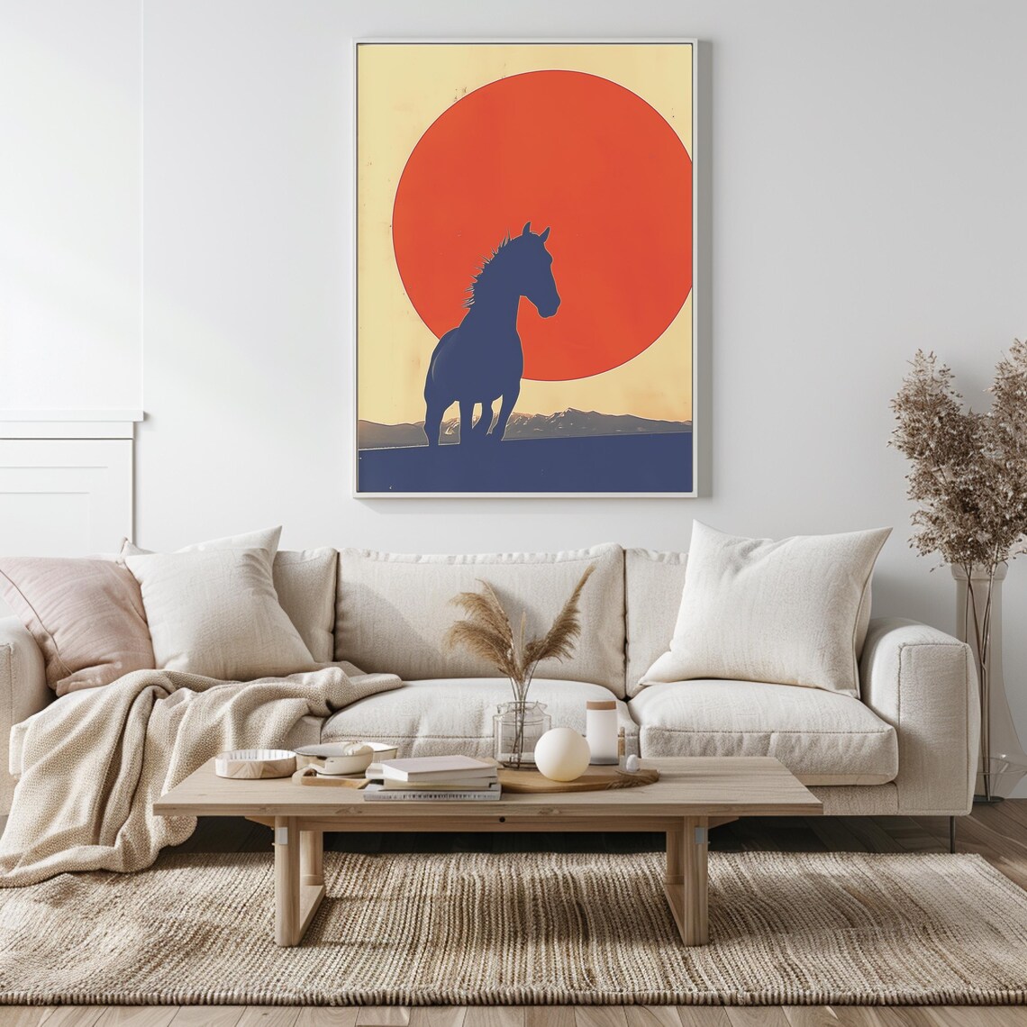 Horse Silhouette Against Giant Orange Sun at Dusk Wildlife Art Poster - Image 5