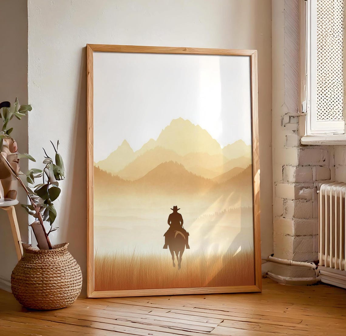Cowboy Riding Away Toward Glowing Golden Mountain Peaks Poster - Image 7