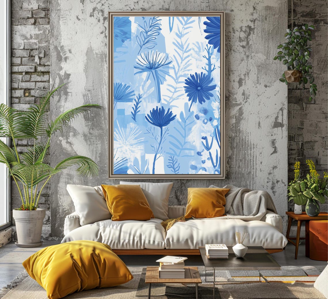 Icy Blue Watercolor Daisies with Cobalt Blooms Floral Art Poster - Image 6