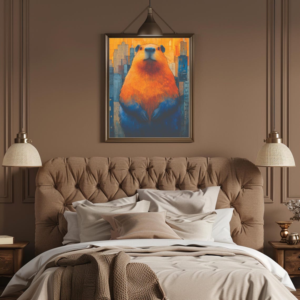 Orange Blue Capybara Portrait Over Golden Cityscape Art Poster - Image 4