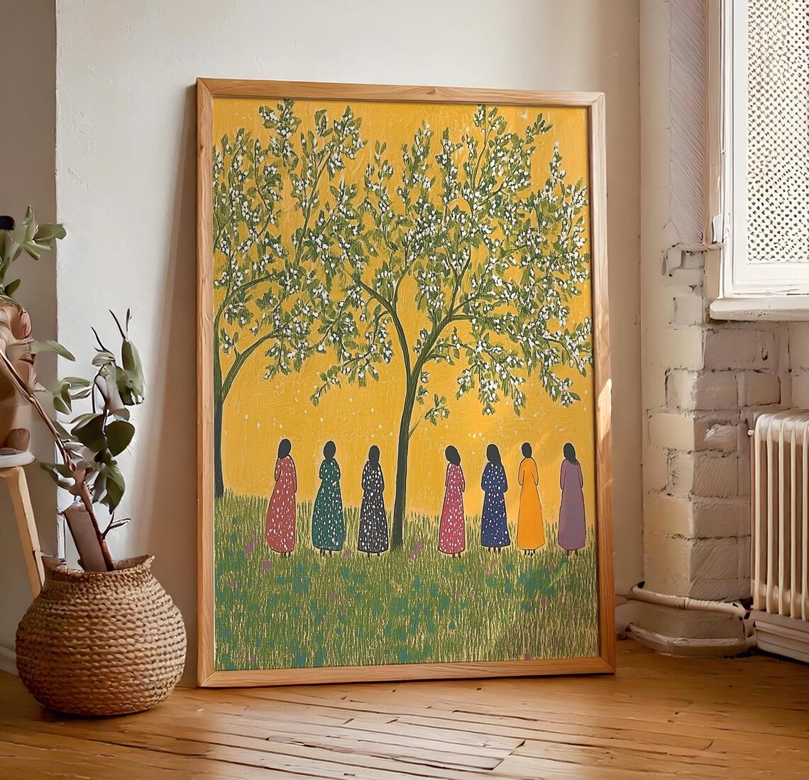 Seven Women Under Blossoming Tree Golden Yellow Folk Gathering Painting Art Poster