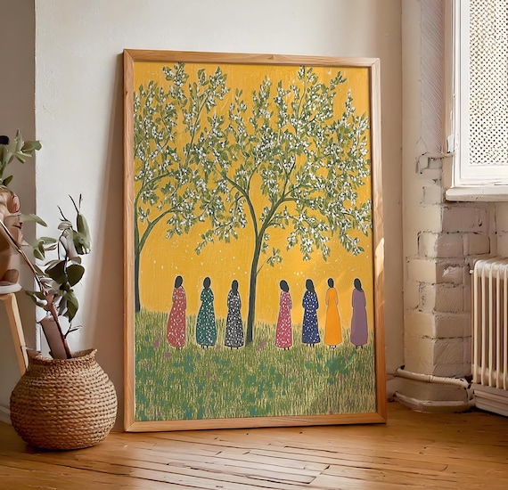Seven Women Under Blossoming Tree Golden Yellow Folk Gathering Painting Art Poster