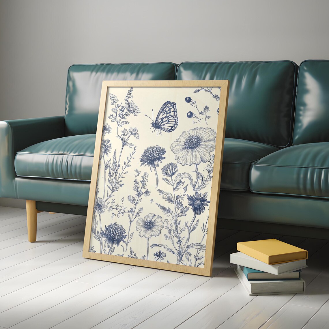 Blue Ink Botanical Sketch with Butterfly Vintage Floral Art Poster - Image 6