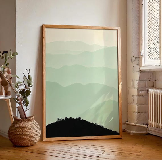 Sage Green Mountain Wall Art Sage Green Print Lime Cream Art Minimalist Peaceful Foggy Calming Scene