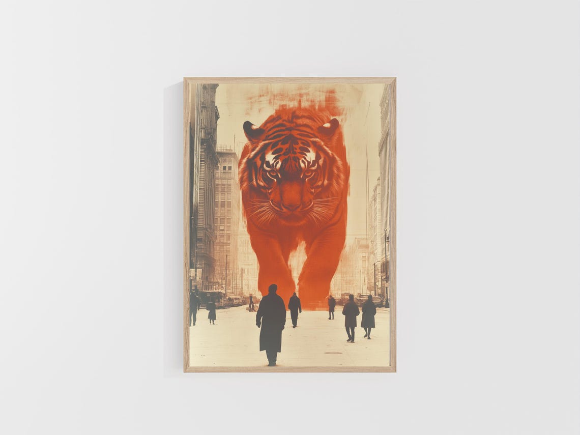 Giant Orange Tiger Towering Over A Busy City Street Art Poster - Image 4