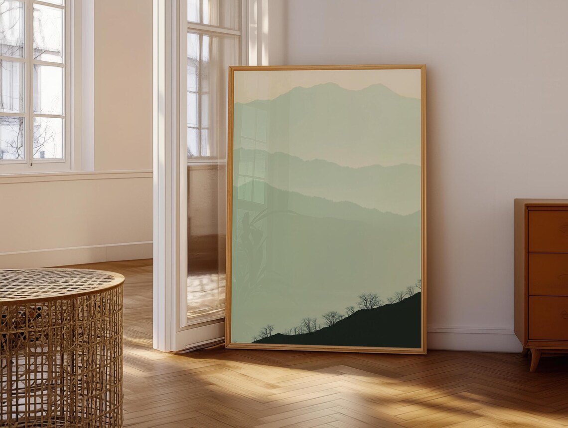 Green Mountain Trees Wall Hanging Sage Green Lime Cream Art Minimalist Peaceful Foggy Calming Scenery - Image 6