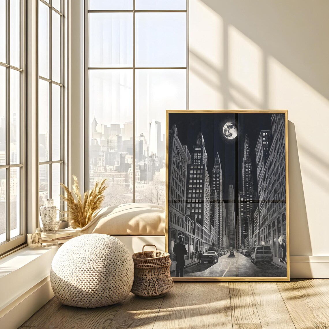 Dark Skyscraper Street Under Full Moon Detailed Sketch Poster - Image 2