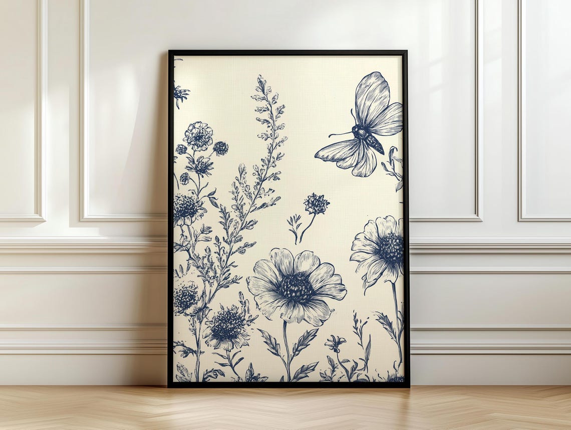 Blue Ink Poppy Bloom with Large Butterfly Botanical Sketch Poster - Image 7