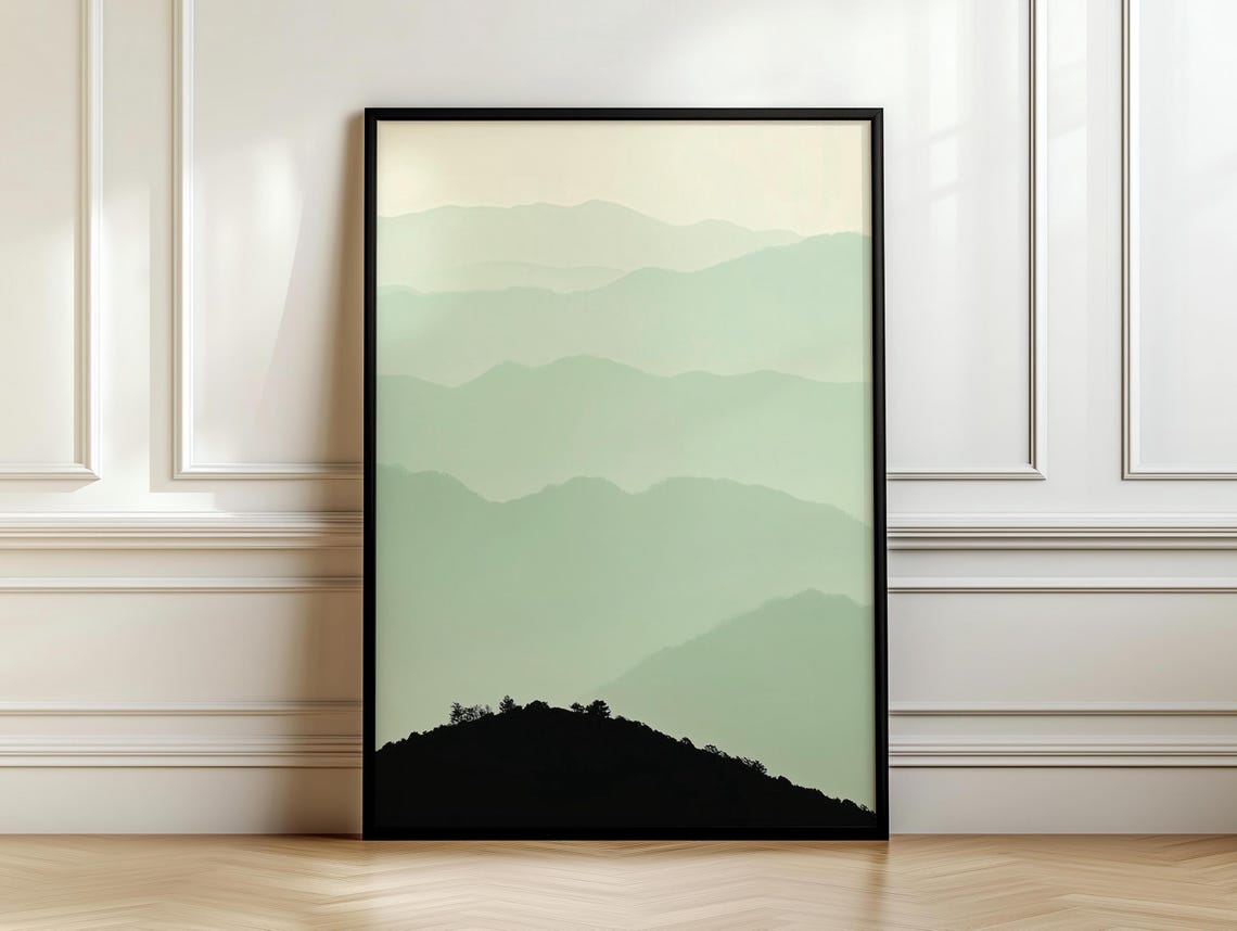 Sage Green Layered Mountains With Dark Ridge Minimal Art Poster - Image 7