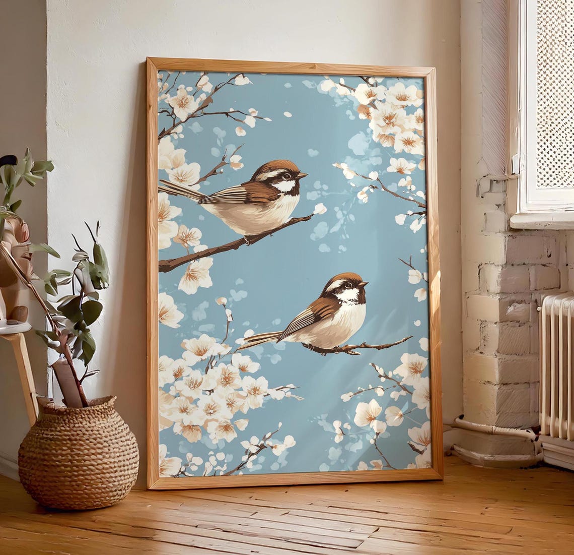 Two Brown Songbirds Perched White Blossoms Light Blue Poster