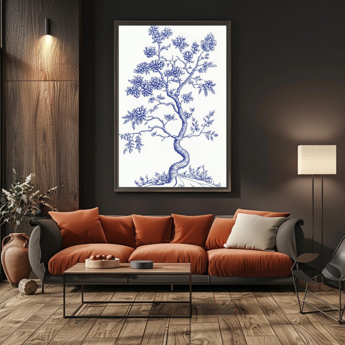 Blue Ink Gnarled Blossom Tree on White Chinoiserie Line Art Poster - Image 5