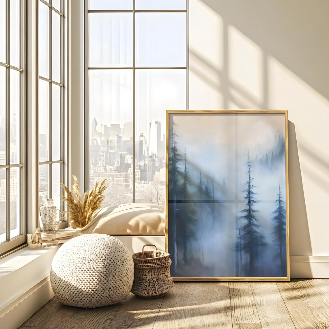Foggy Mountain Pine Tree Wall Art Moody Vintage Forest Painting Rustic Masculine Wall Hanging Art - Image 3