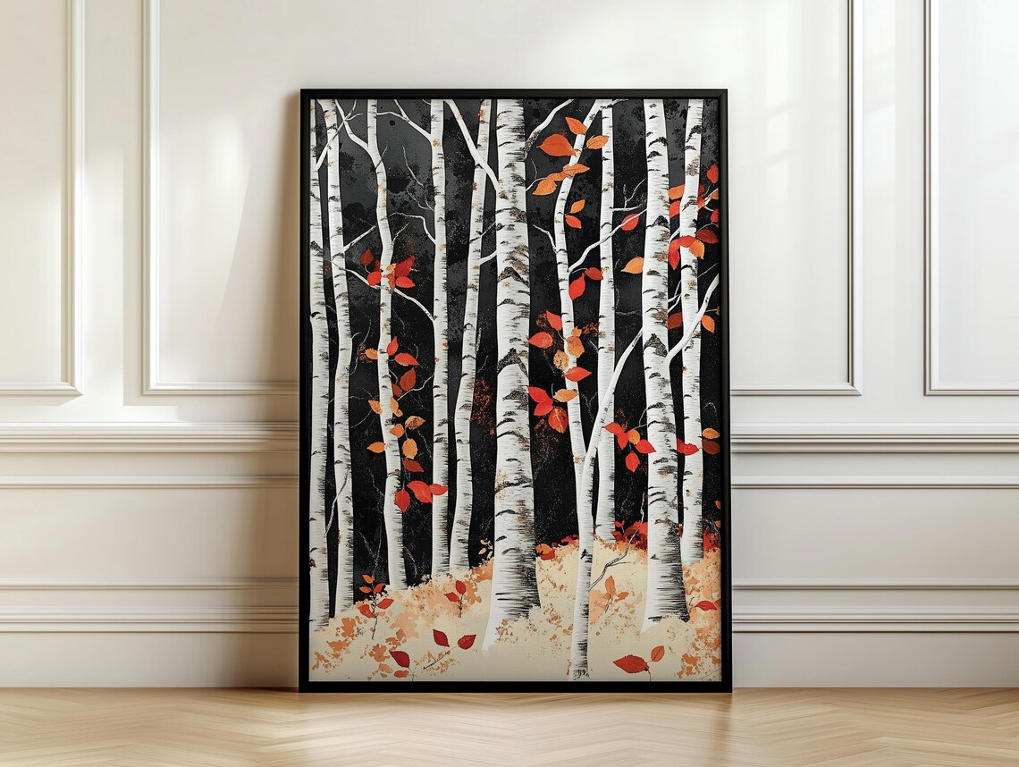 Birch Tree Painting Nature Inspired Wall Art Print Japandi Style Birch Tree At Night Art Dopamine Decor Bedroom Living Dining Room - Image 7