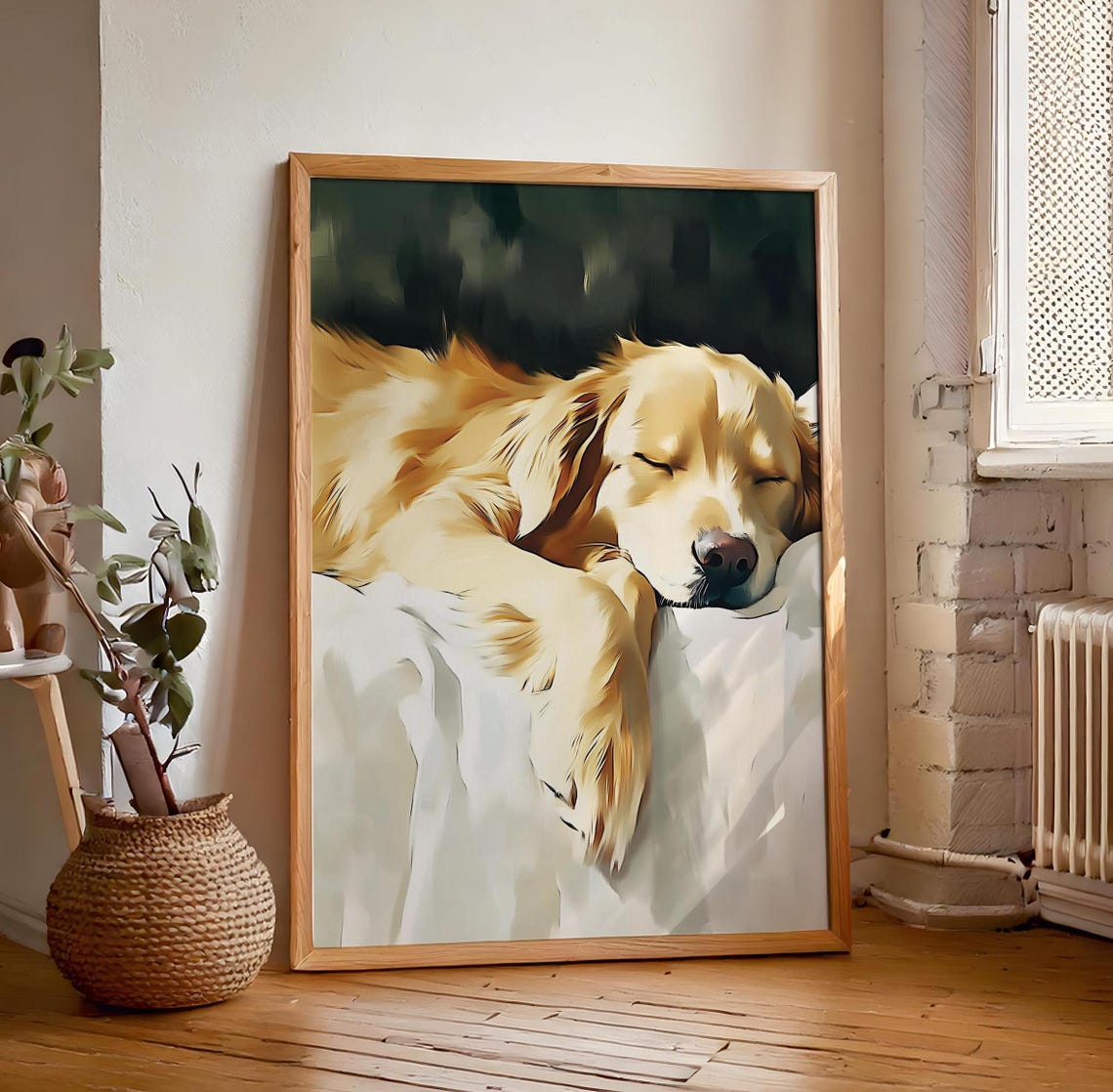 Golden Retriever Napping on White Blanket Soft Painterly Dog Poster