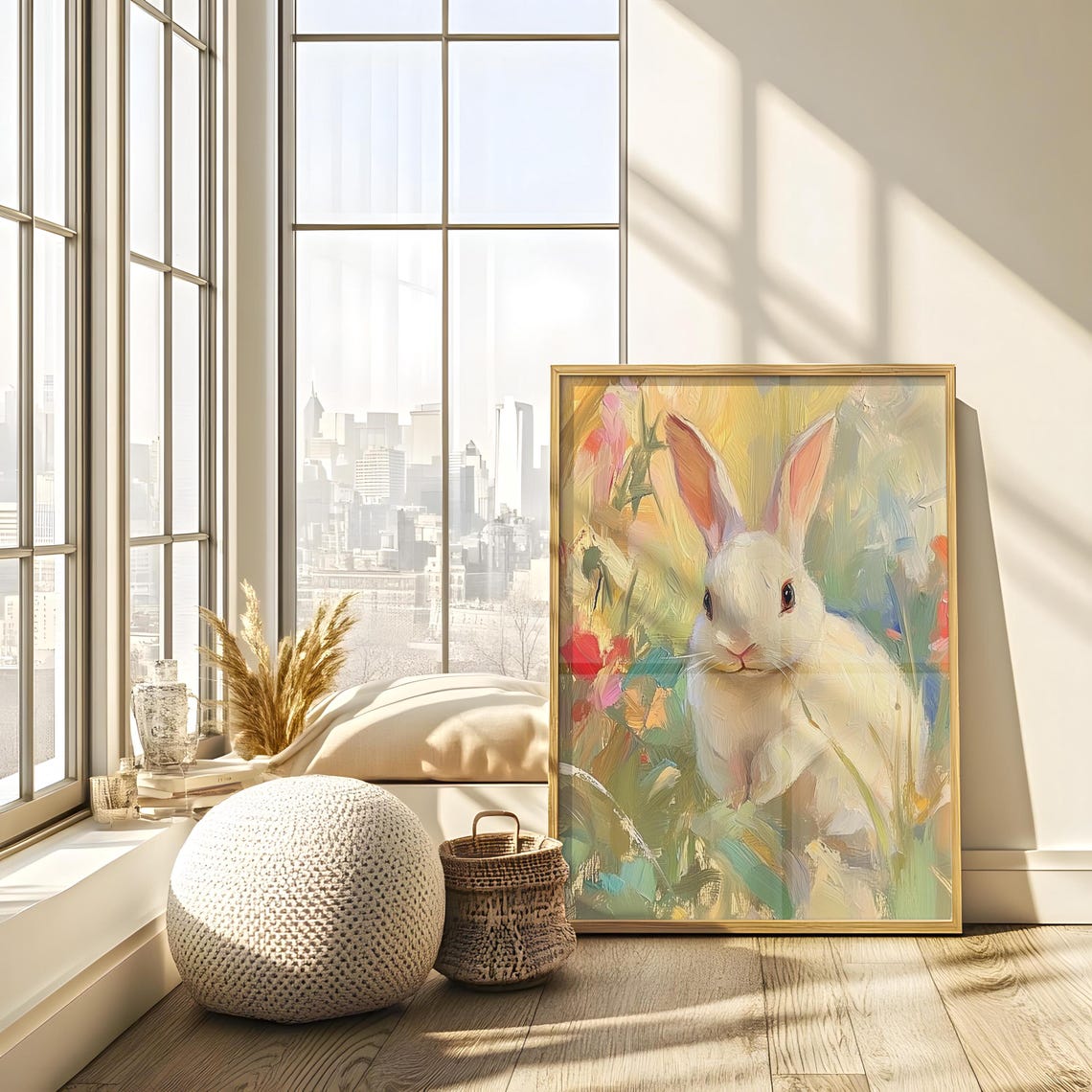 White Bunny in Golden Garden Brushstrokes Painterly Rabbit Poster - Image 2