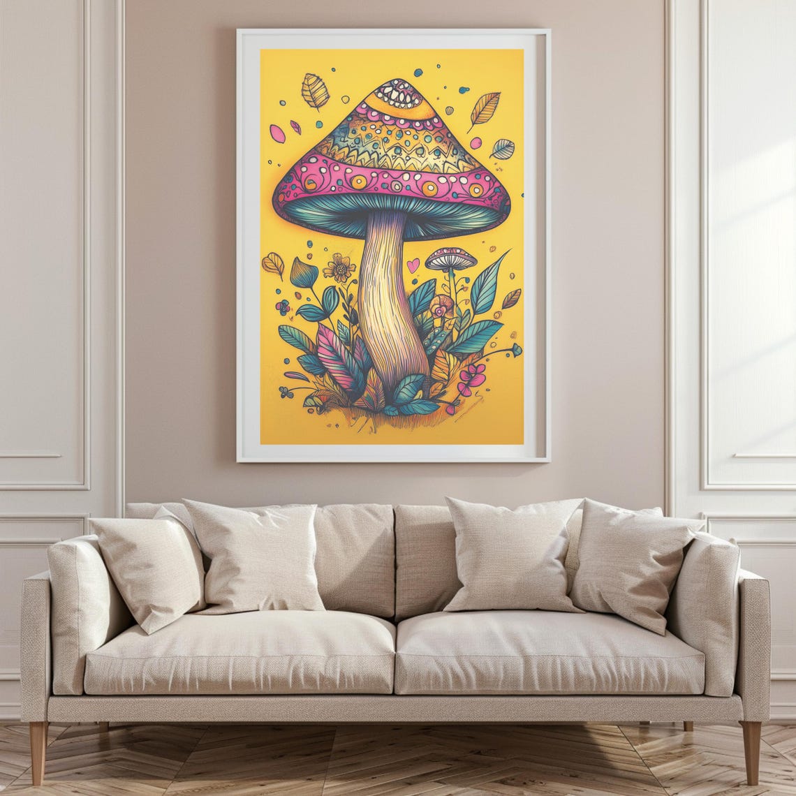 Tall Patterned Pink Mushroom With Folk Art Details Art Poster - Image 6