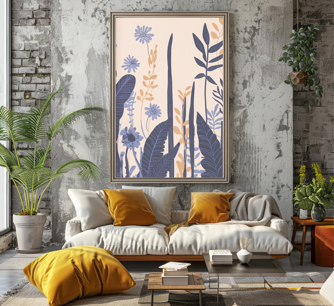 Blue Purple Wildflowers with Gold Leaves Chinoiserie Botanical Poster - Image 3