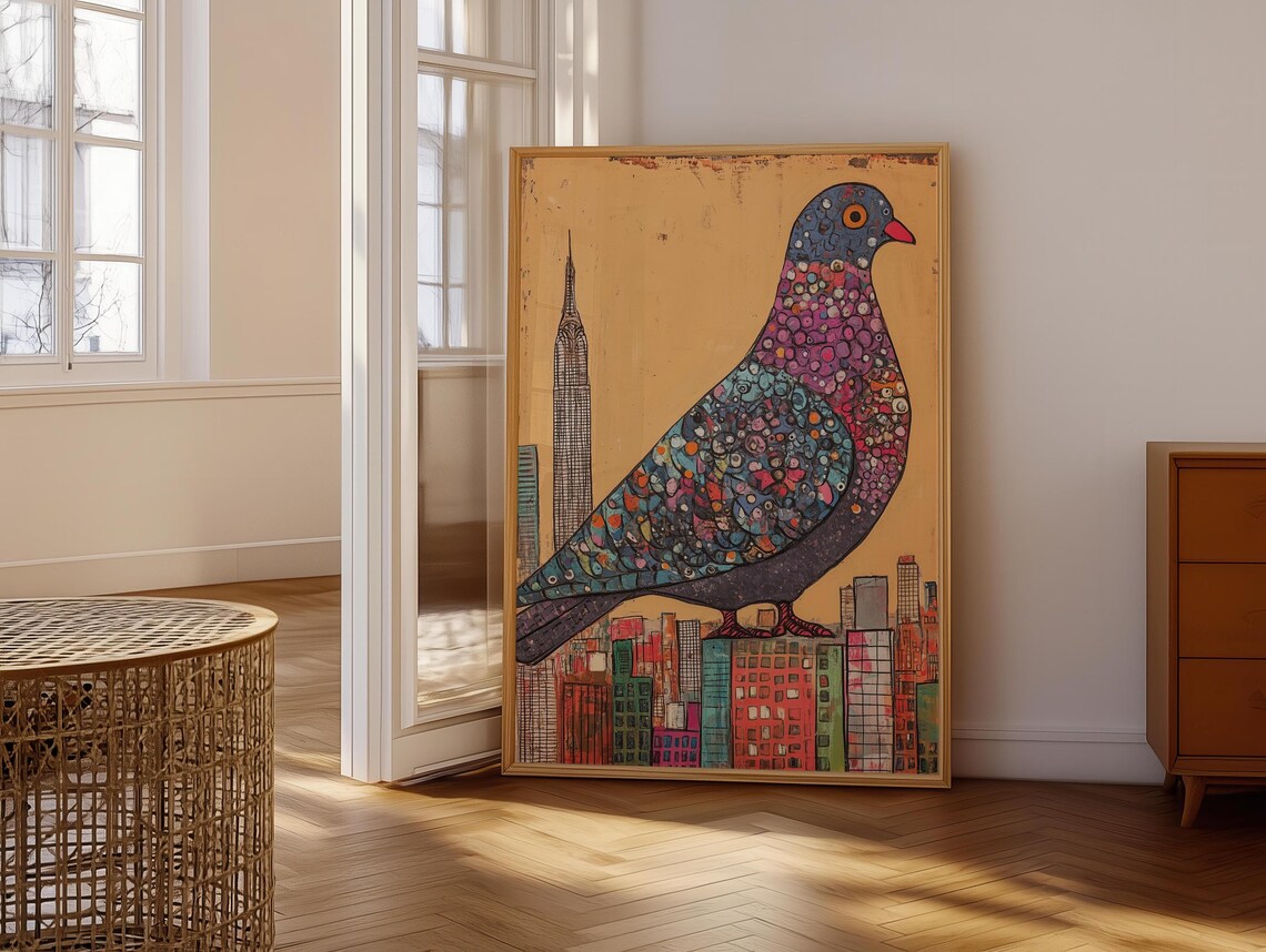 Mosaic Pigeon Above A Colorful City Skyline Landmark Art Poster - Image 7