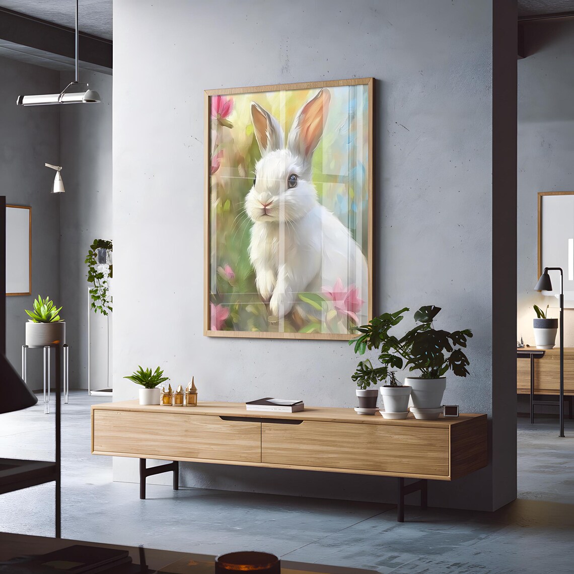 White Bunny Among Pink Blossoms Soft Painterly Spring Garden Animal Wall Art - Image 3
