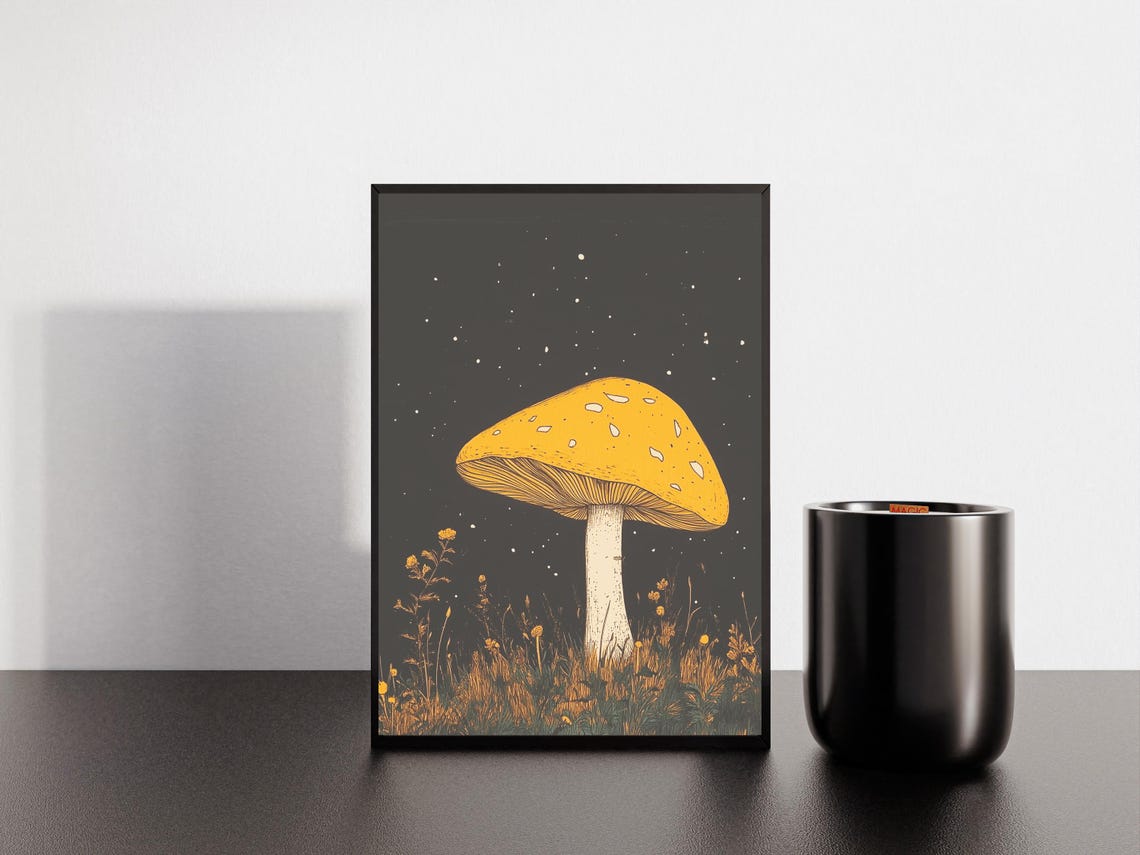 Golden Mushroom Under Starry Night Dark Botanical Art Poster - Image 5