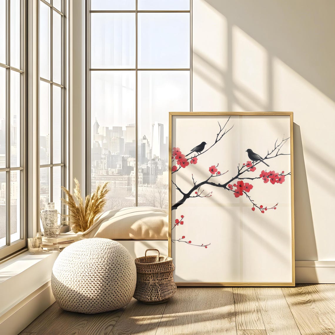 Two Black Birds Ink Painting Perched On Red Blossom Branches Poster - Image 4