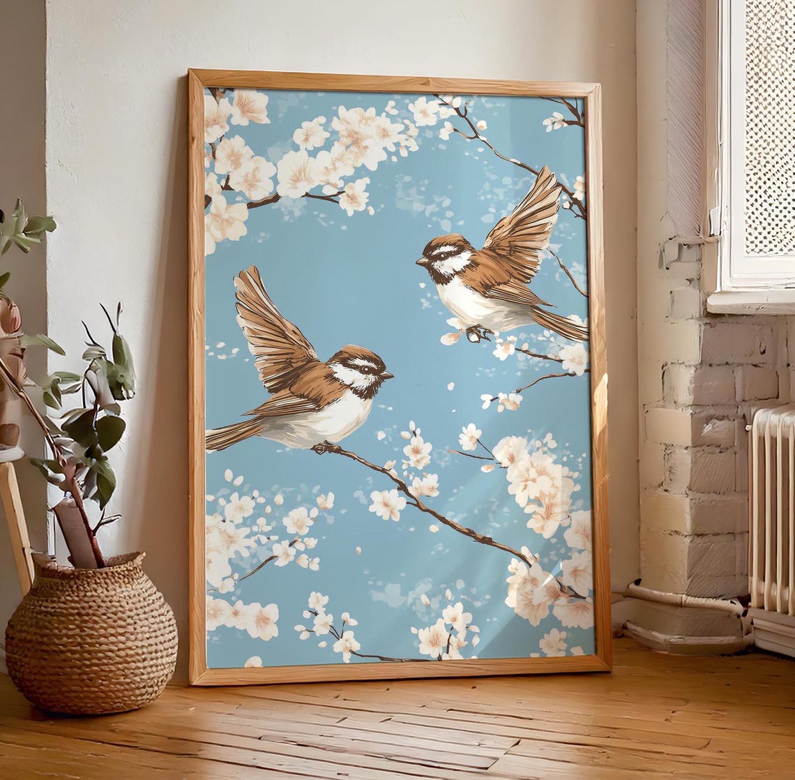 Two Birds Wings Spread White Cherry Blossoms Sky Blue Poster