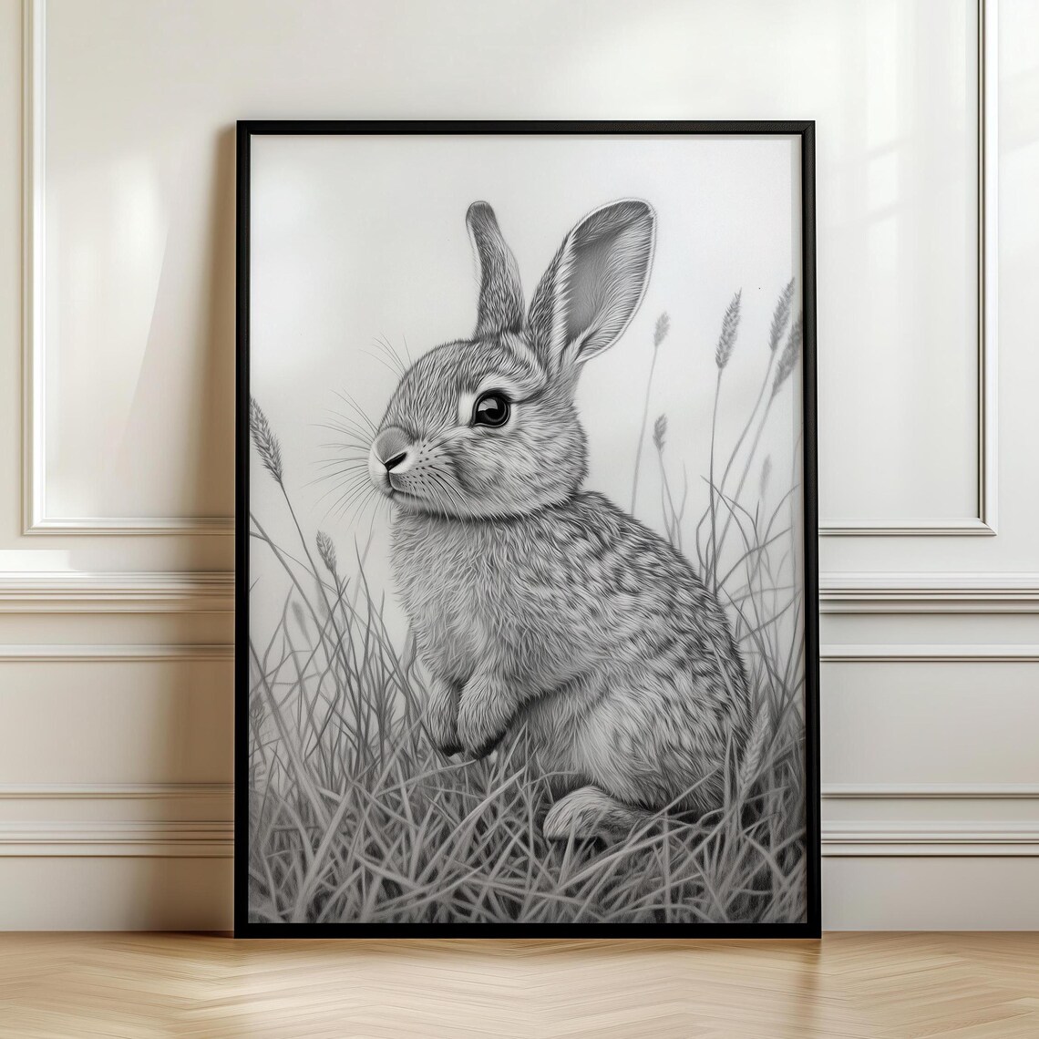 Gray Bunny Pencil Sketch Sitting In Tall Grass Minimalist Woodland Animal Drawing Poster - Image 7