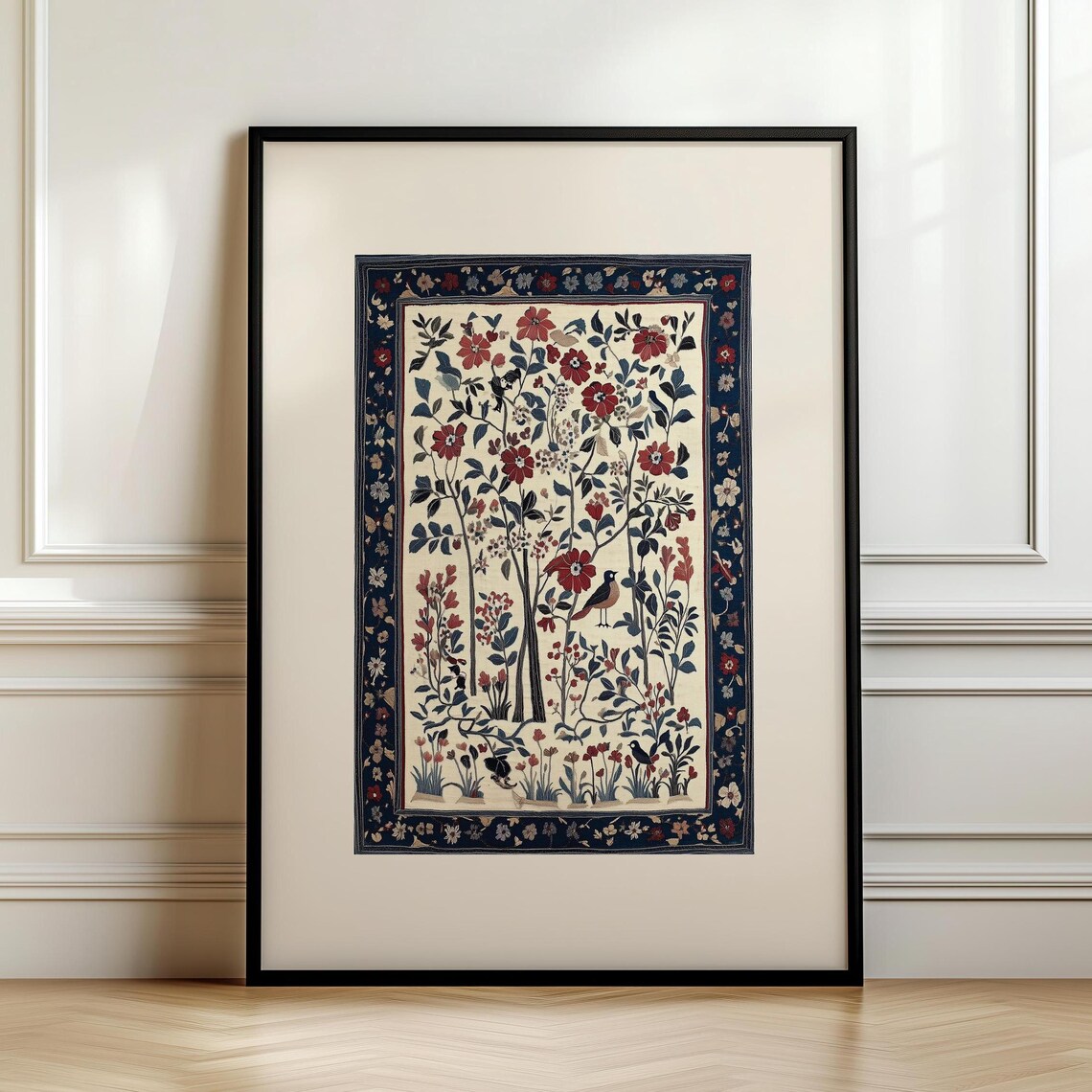 Red Kashmiri Style Textile Wall Art Print, Vintage Decor