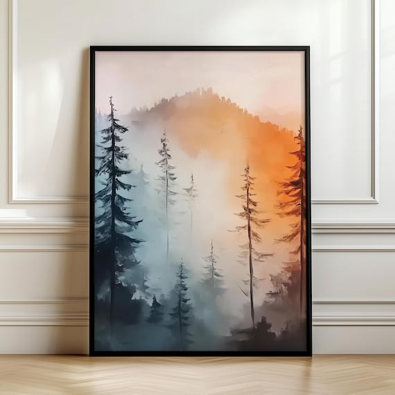 Misty Mountain Pine Tree Wall Art Vintage Forest Painting Rustic Masculine Wall Hanging Art