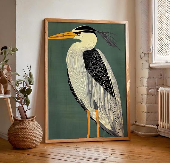 Emerald Green Retro Vintage Heron Print Art Deco Wall Art Modern House Decor Bird Lover Decor Abstract Geometric