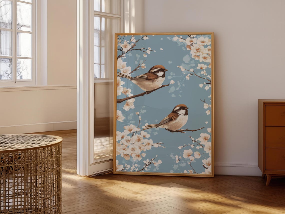 Two Brown Songbirds Perched White Blossoms Light Blue Poster - Image 6