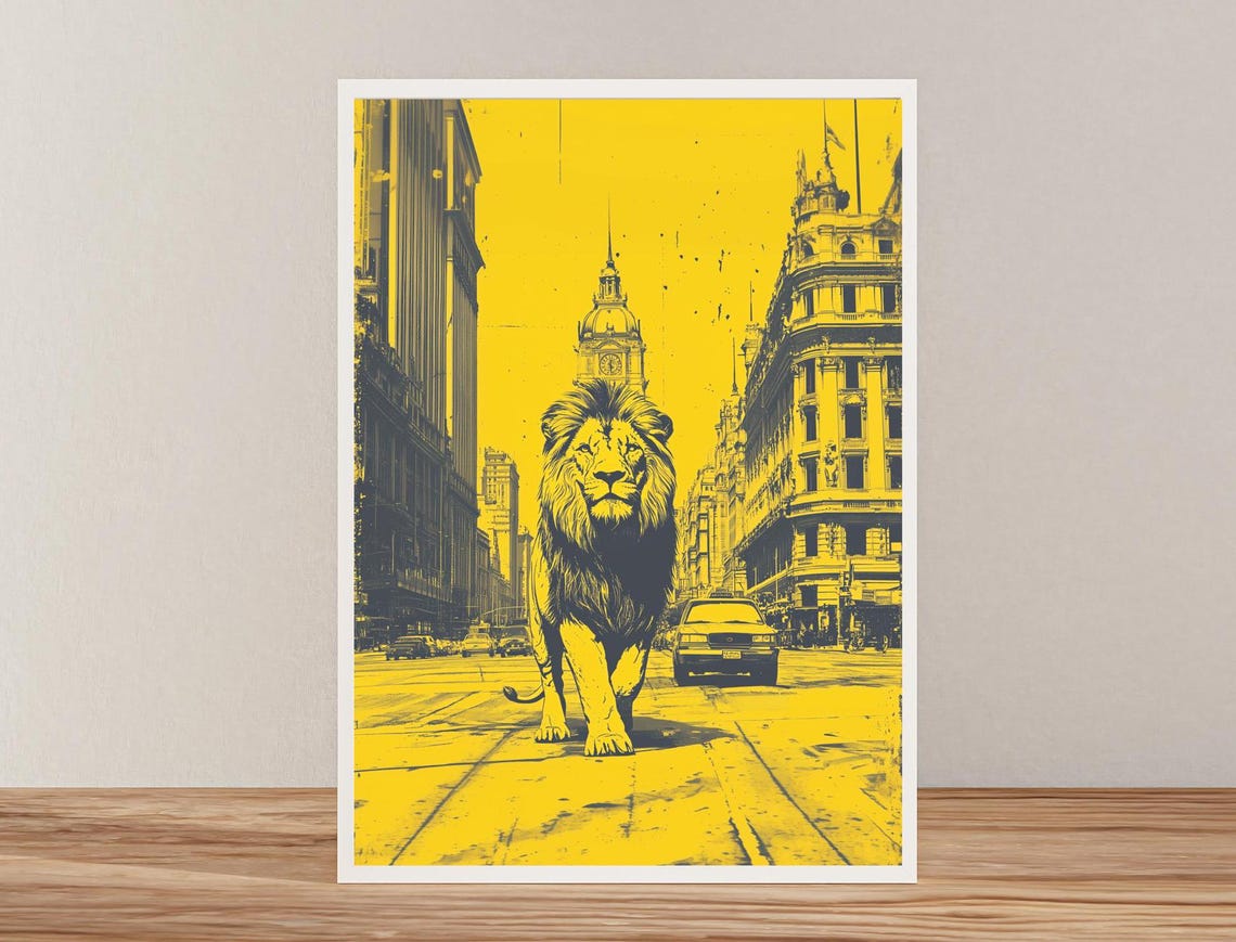 Lion Walking Down A City Street In Bold Yellow Pop Art Poster