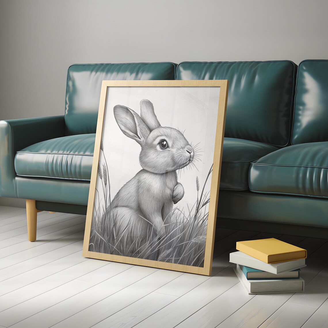Sitting Bunny Looking Up Pencil Drawing Delicate Monochrome Rabbit Sketch Art Poster - Image 4