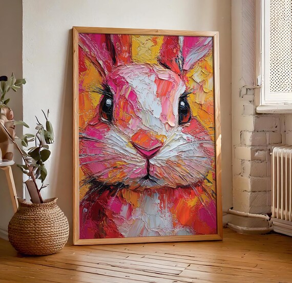 Vibrant Impasto Bunny Face Bold Pink Orange Thick Brushstroke Textured Art Poster