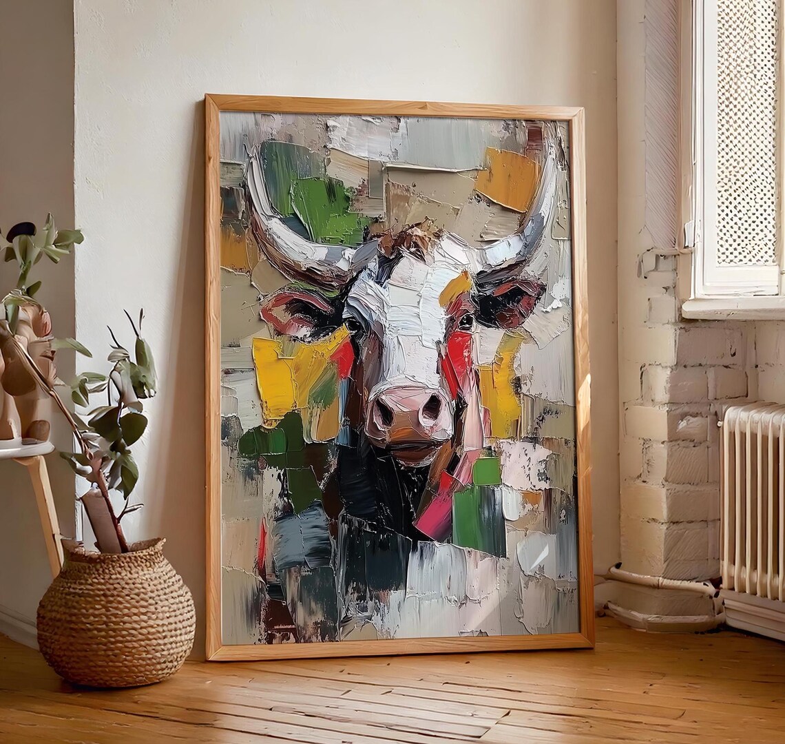 Abstract Impasto Longhorn Cow Portrait Painting in Bold Colors Poster - Image 7