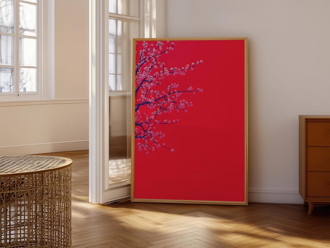 Pink Cherry Blossom Branch On Bold Red Minimalist Art Poster - Image 7