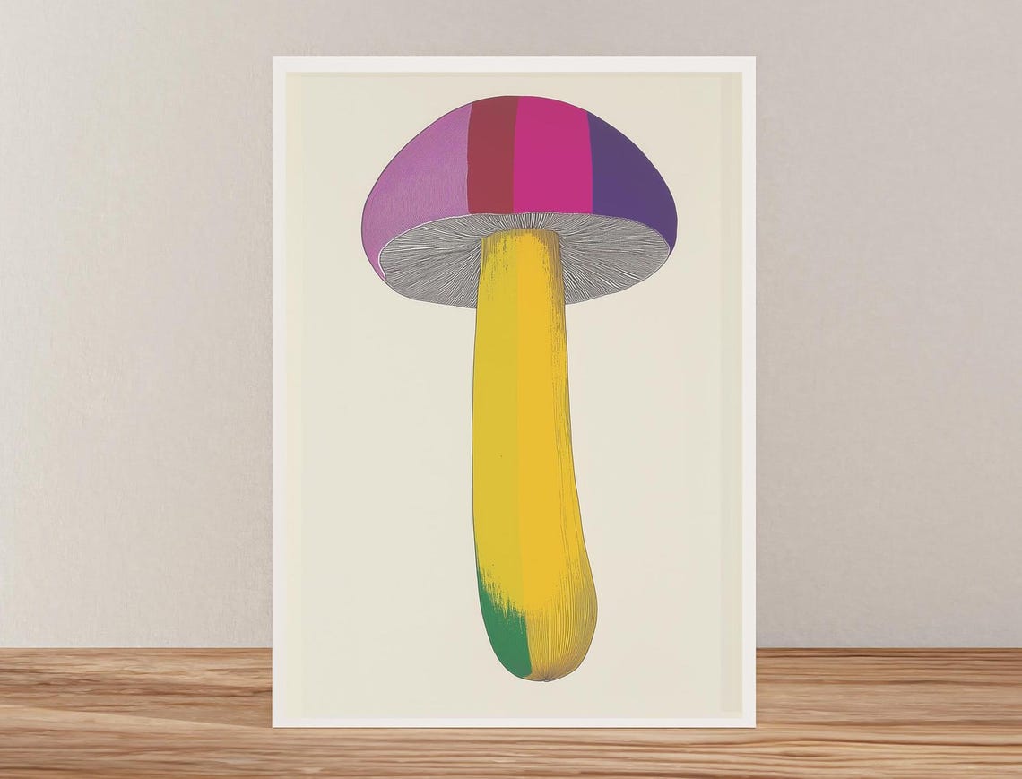 Striped Purple Cap Mushroom Yellow Stem Minimalist Art Poster