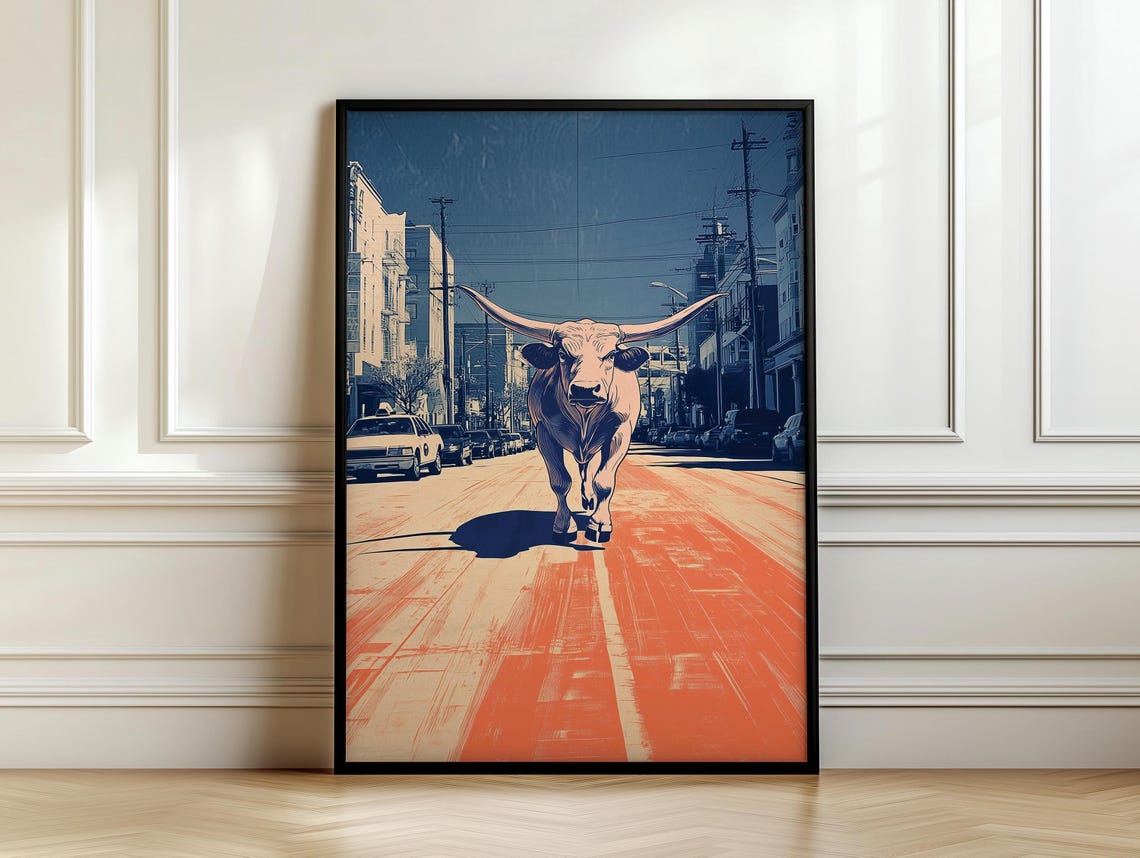 Texas Longhorn Cow Walking Down A Busy City Street Art Poster - Image 7