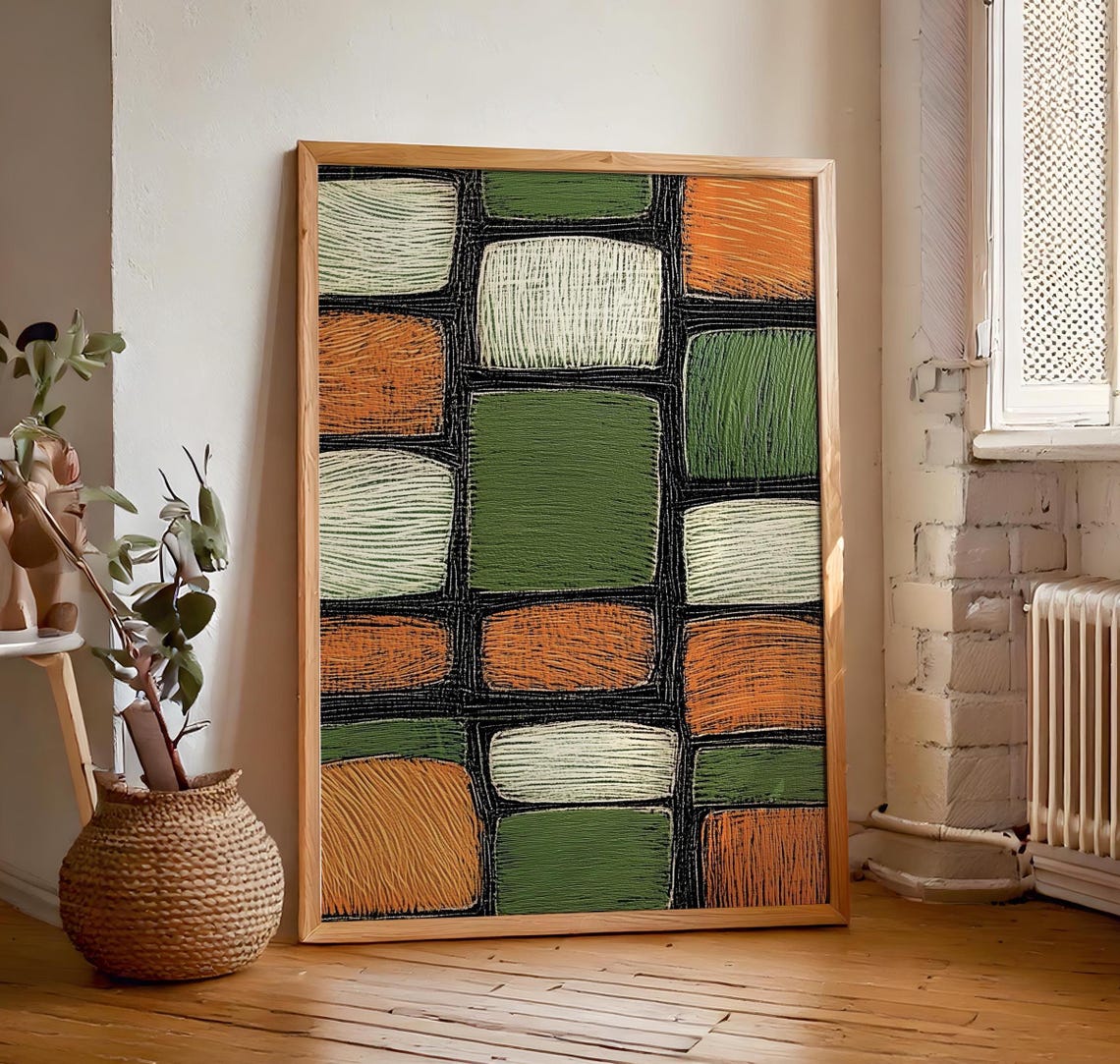 Retro Geometric Grid Sage Green Cream Rust 1970s Style Poster