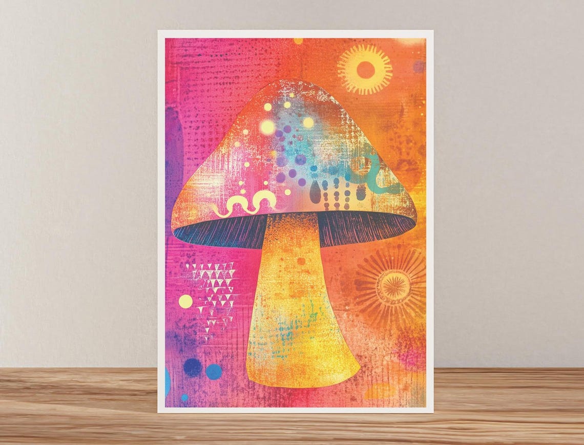 Colorful Abstract Mushroom on Pink Orange Sun Pattern Art Poster