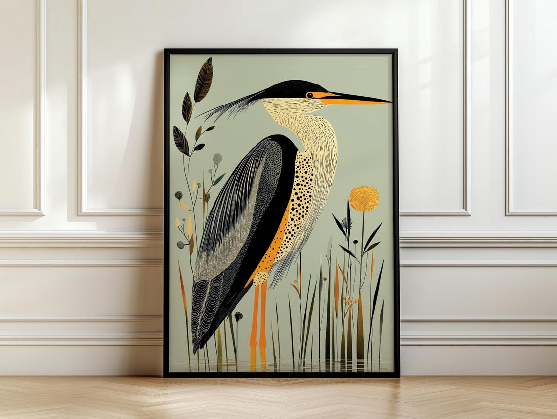 Art Deco Heron Geometric Bird in Sage Green Botanical Poster - Image 7