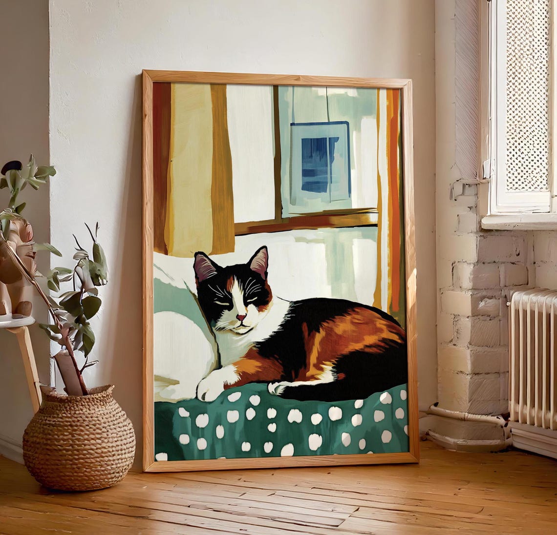 Calico Cat Resting By Window on Polka Dot Bedding Cozy Cat Poster