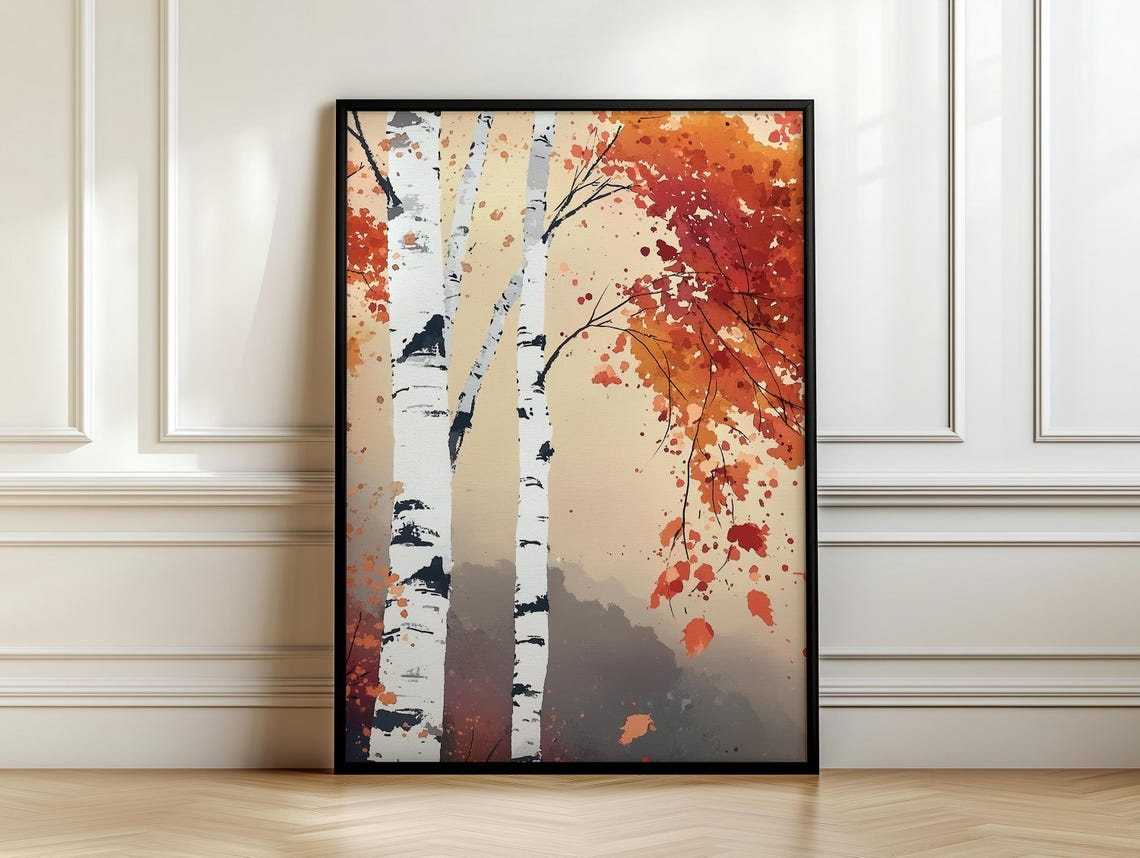 Two White Birch Trunks With Crimson Autumn Foliage Cream Poster - Image 7