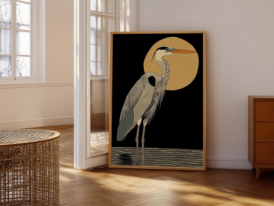 Retro Vintage Heron In The Night Art Print - Image 6